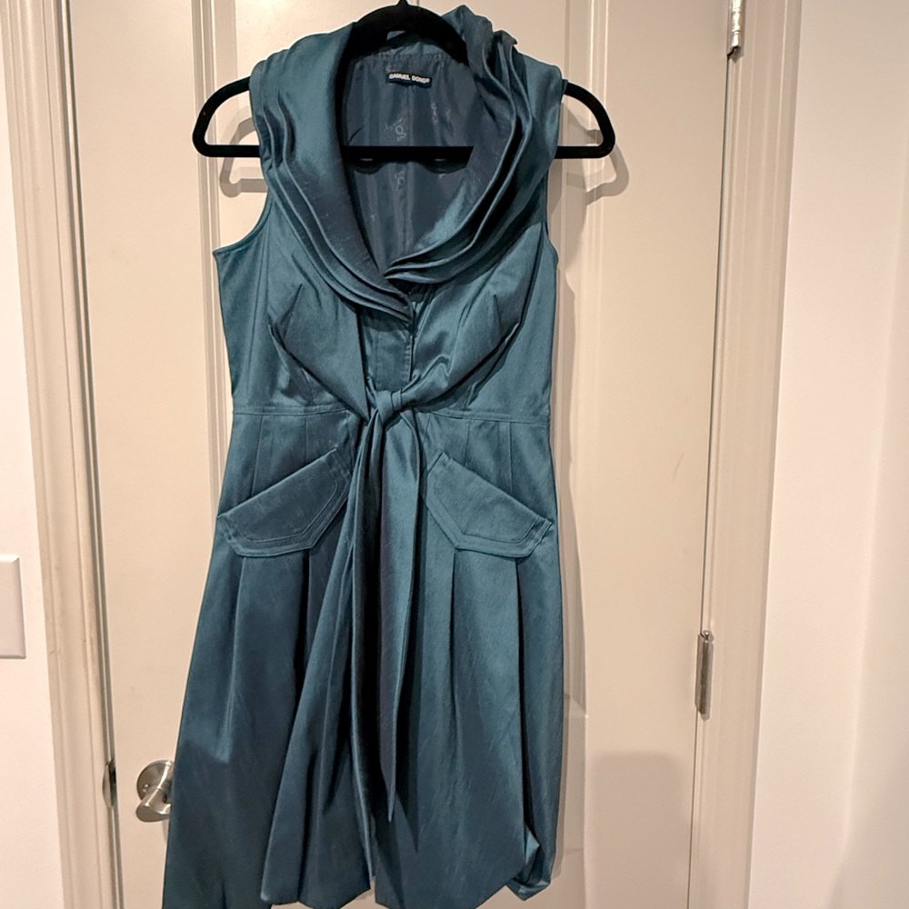 Samuel Dong satin Teal Sleeveless bubble Dress with Cowl Neck small cocktail